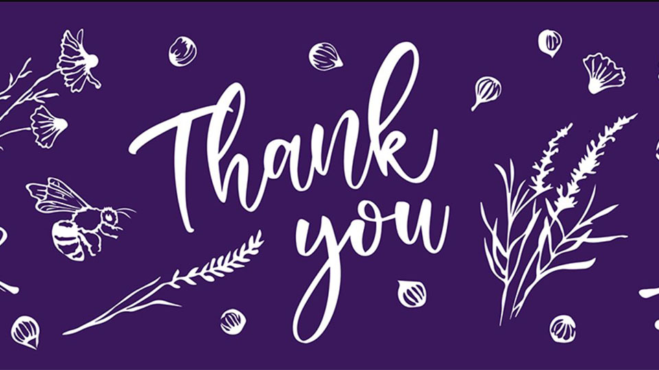 Example of one of the e-card styles: purple background with white illustrations and text saying 'thank you' in the centre