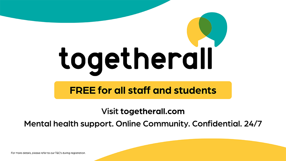 Logo of Togetherall with info about free mental health support for staff and students 24/7