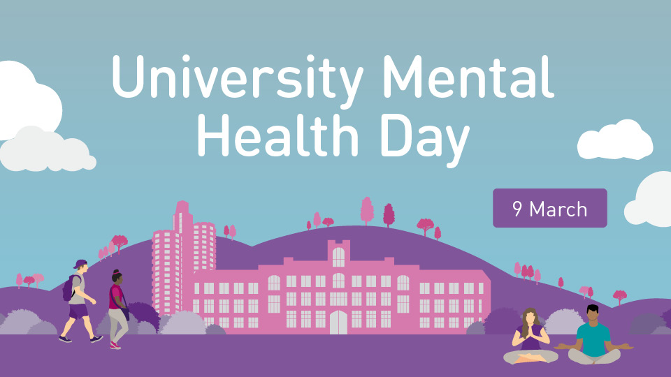 Illustration of people walking in front of the Hazlerigg building with University Mental Health Day written above