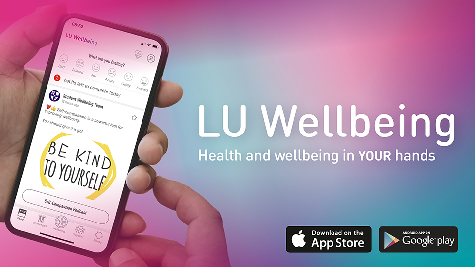 Pink and blue gradient background with a photo of a smartphone using the LU Wellbeing app