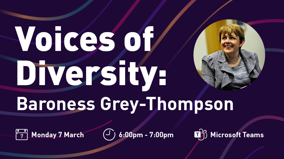 Headshot of Tanni Grey-Thompson with purple background and details about the Voices of Diversity event