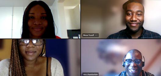 Screenshot of the four panellists (clockwise): Chidinma, Musa, Nira and Pauline on MS Teams event