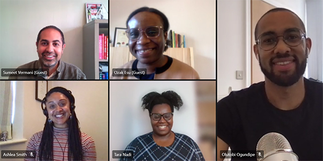 A screenshot from Microsoft Teams featuring Tara Nadi, Ashlea Smith, Sumeet Vermani, Tobi Ogundipe, and Ozak Esu. 