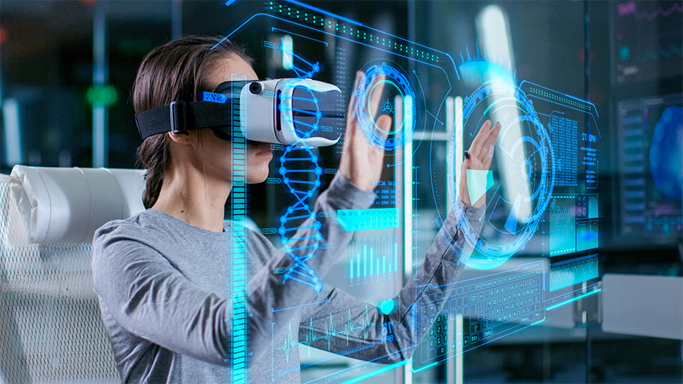 Photo of a woman using a VR Headset for science 