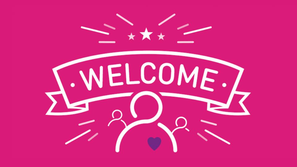 Welcome banner on a pink background