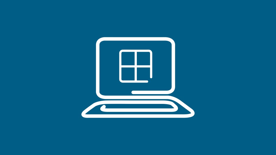 Blue background with a white icon of a laptop with the Windows logo on the screen