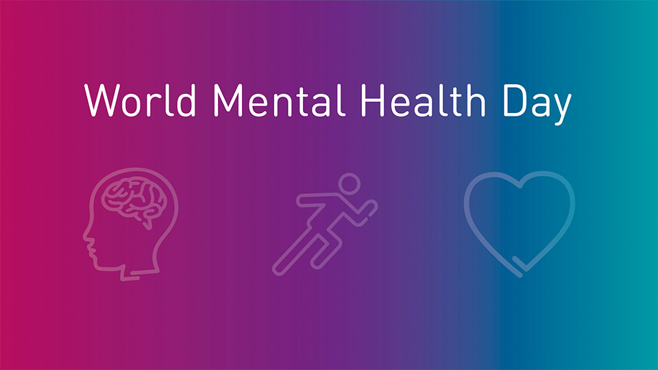 pink purple and blue graphic with 'World Mental Health Day' written on it along with icons to show a head, a person moving and a heart to represent health and wellbeing