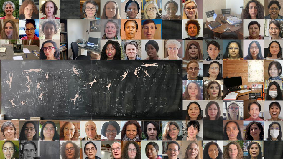 Photo of headshots of women mathematicians featured in the film as well as a blackboard 