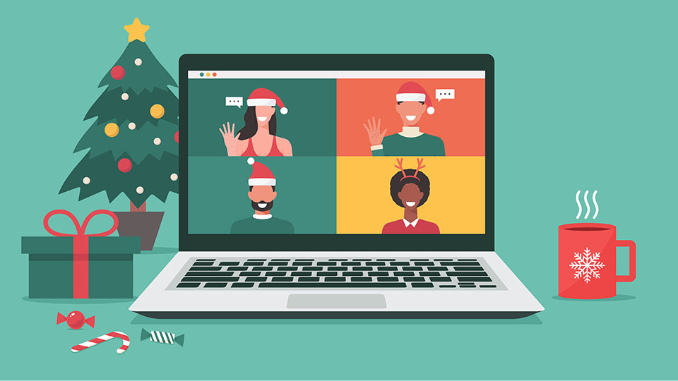Illustration of a laptop with an online meeting taking place with four people, with Christmas props and items