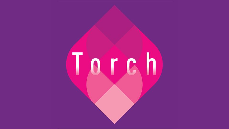 Purple background with a pink flame in various shades, with the word TORCH written over the top