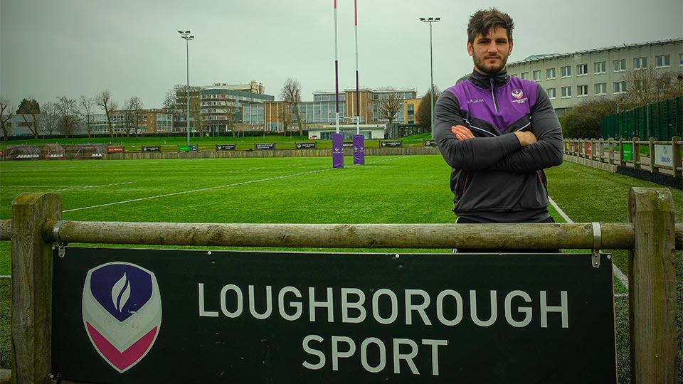 Benji on Loughborough University rugby pitch