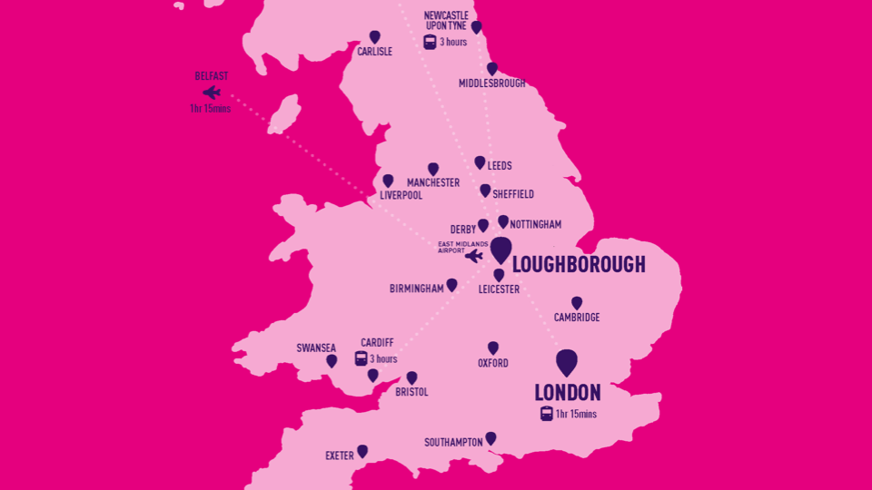 A map of the UK showing the location of Loughborough in relation to other major UK cities